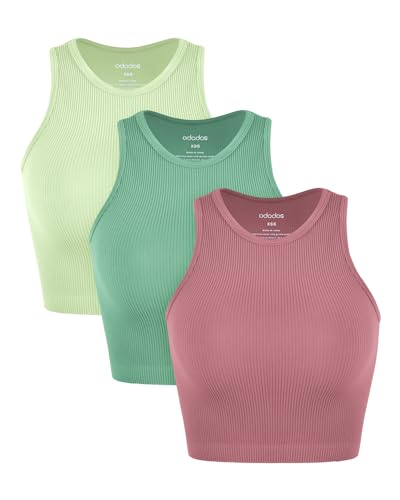 Image of ODODOS 3-Pack Seamless Crop Tank for Women Ribbed Soft High Neck Cropped Tops