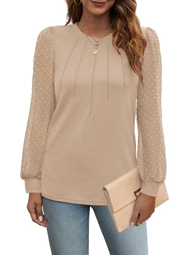 Ofeefan Womens Fall Tops Pleated Long Sleeve Shirts For Women Crew Neck Tunic Tops Lightweight Sweaters Khaki L thumb #3