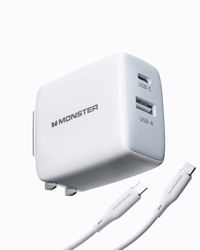 Monster 65W USB C Charger Block, PPS 2-Port, Foldable GaN Fast Charger, Heat-Free Ensure Security for iPhone 16 Pro Max/15/14, iPad, MacBook, Samsung Galaxy S25, Pixel and More, with Silicone Cable