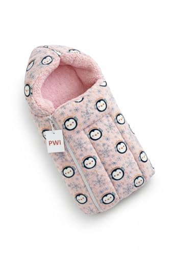 Image of PWI Baby Sleeping Bag for 0-6 Months, Ultra Soft Plush & Sherpa Warm Winter Wrapper with Hood & Zip, Newborn Swaddle Blanket for Stroller & Home Use