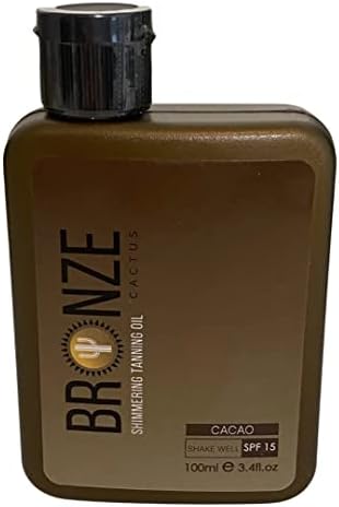 Bronze Cactus Shimmering Tanning Oil with SPF15, Cacao Scent, Dermatologically Tested Vegan-Friendly Moisturizing Tanning Oil, Broad Spectrum UVA/UVB Protection, Paraben/Cruelty-Free, 3.4fl.oz