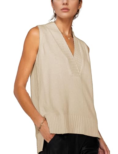 Daacee Women's V Neck Sweater Vest Casual Summer Loose Side Slit Sleeveless Pullover Knit Tank Summer Tops