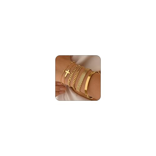 Gold Bracelets for Women Dainty Non Tarnish Link Chain Bracelets Set for Women Trendy Adjustable Chunky Thin Bracelets Stack Layered With Cuff Beaded Cuban Rope CZ Heart Cross Jewelry Gifts