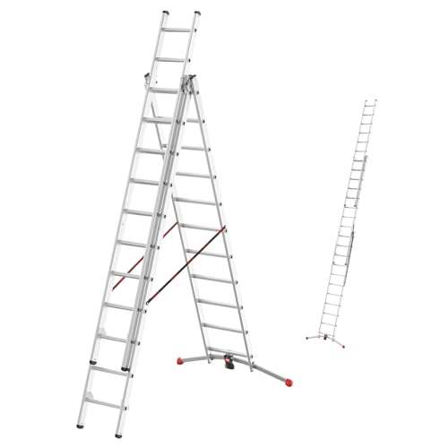 Hailo Leiter HobbyLOT, 3-teilige Alu-Kombileiter, 3 x 11 Sprossen, Aluminium Leiter, Lot-System, 150kg Belastbarkeit, Aluleiter ausziehbar, Anlegeleiter
