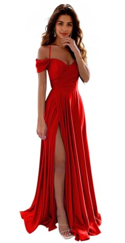 Satin Red Bridesmaid Dresses for Wedding Spaghetti Strap Long V Neck Formal Gown with Slit Prom...
