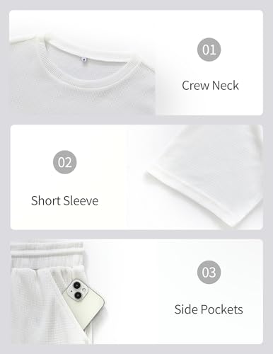Vssjavun Mens Short Sets 2 Pieces Outfits Waffle Knit Lounge Set Short Sleeve Summer Casual Tracksuit