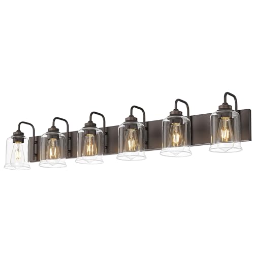 Image of zeyu 44 Inch Farmhouse Bathroom Vanity Lights, 6-Light Bathroom Light Fixtures with Clear Glass Shade, Oil Rubbed Bronze Finish, ZSL72B-6W ORB