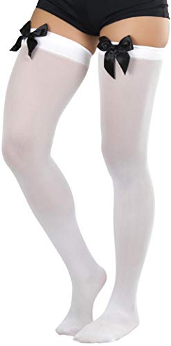 Image of ToBeInStyle Women's Opaque Long Thigh High Stockings w /Decorative Front Satin Bow