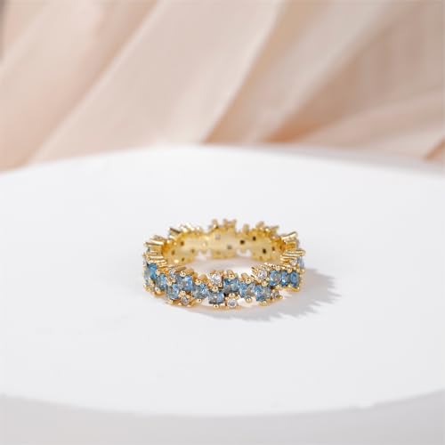 14K Gold Plated Eternity Ring Band for Women Princess Cut Created Blue Aquamarine CZ Stackable Wedding Promise Rings for Her Size 4-112