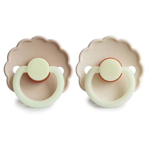 Image of FRIGG Daisy Night Natural Rubber Baby Pacifier | Made in Denmark | BPA-Free (Croissant /Cream, 0-6 Months) 2-Pack