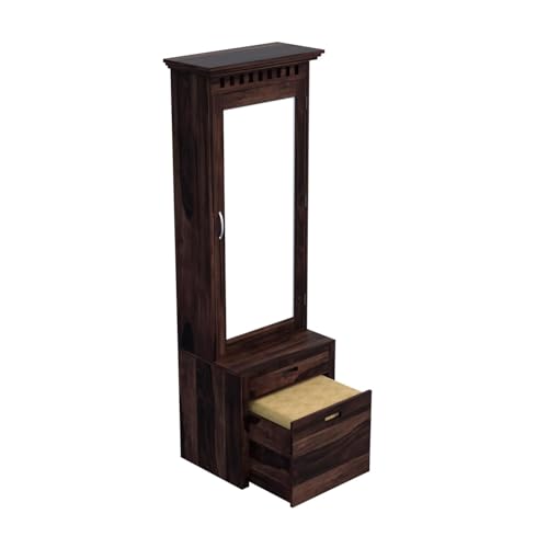 Image of Sheesham Solid Wood Wooden Dressing Table for Bedroom with 1 Drawer and 1Cushioned Stool Mirror and Huge Storage Space | Long Dresser Table (Walnut Finish)