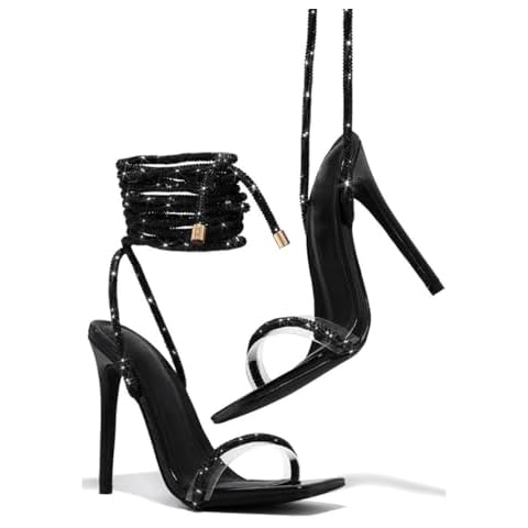 GATUXUS Sexy Women's Stilettos High Heel Gladiator Strappy Sandals Square Toe Lace Up Dressy Pumps Shoes (Black, numeric_9) Cover