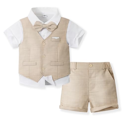 Volunboy Baby Jungen Anzug, Sommer Anzugweste Hemd mit Fliege + Shorts für Festlich Hochzeit Bekleidung Set 4tlgs(2-3 Jahre,Helles Khaki,Größe 100)