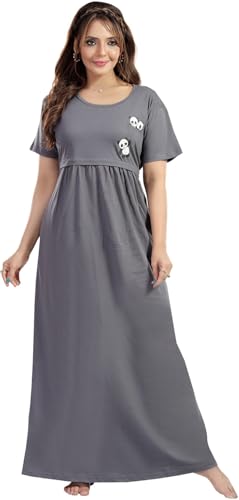 Image of Fabme Women's Full Length Printed Pre and Post Pregnancy Pure Cotton Nursing Nightdress Nighty