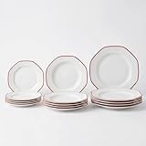 SANTA CLARA | Vajilla Completa 12 Piezas Porcelana Extra Blanca para 4 Personas, Apta Microondas y Lavavajillas, Vajilla Alma Roja Decorada Forma Octogonal para Hogar y Cocina