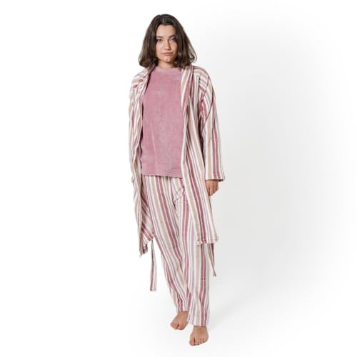 TRAMAS+ Bata para Mujer de Invierno, de Coralina, con Cinturón Ajustable, Ropa cómoda para estar en Casa – S, Raya Caléndula Rosa