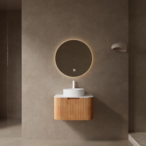Image of KEIKI 24 inch Bathroom Vanity Cabinet with Sink Combo, Wall Mounted Curved Edges Striped Floating Bathroom Vanity with Soft-Close Drawer, White Round Ceramic Basin Without Faucet, Natural Wood