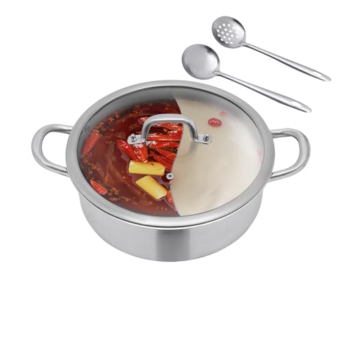 KANBCNG Olla con cuchara/cuchara para lamer, olla de 2 cámaras, olla doble con tapa de cristal y divisor para restaurantes, hogares 30 cm diámetro interior 29 x 9,5 cm (D*H)