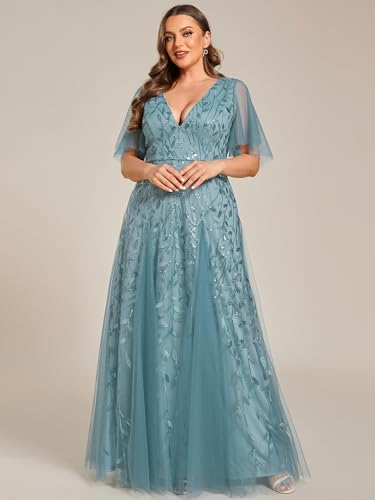 Image of Ever-Pretty Women's Sequin V Neck Plus Size Formal Dresses Evening Gown | Short Sleeve, A-Line, Empire Waist, Plus Size Mother of the Bride Dresses, Plus Size Gala Dress
