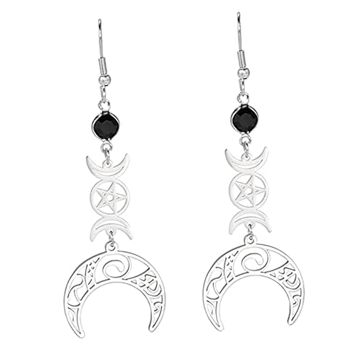 Orecchini Forma Luna Tripla Dea Per Donne e Ragazze Acciaio Inox Stile Gotico Con Runa Luna Orecchini a Goccia In Cristallo Nero Amuleto Wicca (argento)