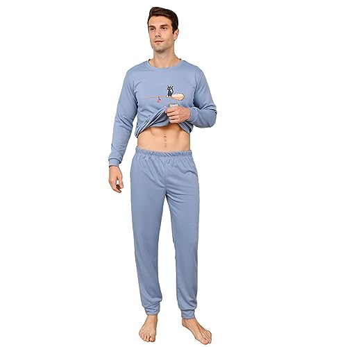 Mens Cott*n-like texture long Pajamas Set cat pattern Nightwear round neck Sleepwear4