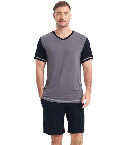 Image of NACHILA Men's Pajamas Set-Viscose Made from Bamboo, Short Sleeve Sleepwear with Shorts Cool Loungewear Soft Pjs