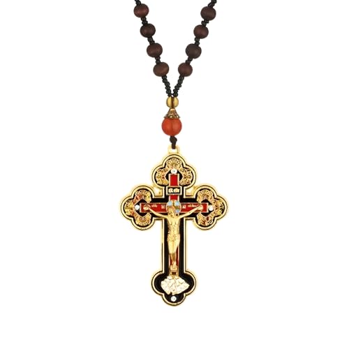 18K Yellow Gold Orthodox Prayer Rope Necklace, Crucifix Jesus Cross Pendant Necklace, Wooden Rosary Beaded Chain Necklace for Men Women Christian Religious Prayer Jewelry Bracelet anglican prayer beads, greek worry beads chotki komboskini
