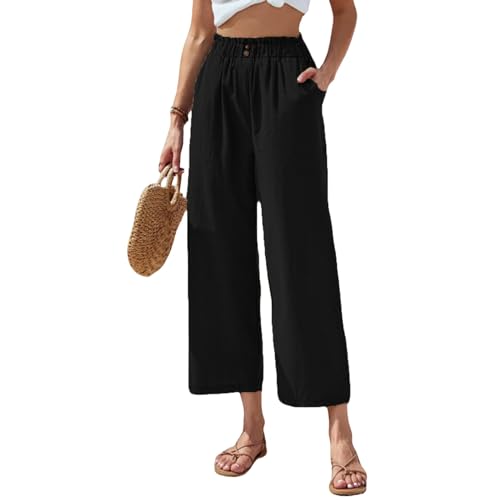 Womens Cropped Linen Pants Casual Pleated High Waisted Wide-Leg Pants Summer Beach Flowy Palazzo Pants with Pockets Black