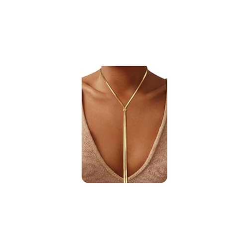 GoldGifts Chunky Long Y Necklace for Women 14K Gold Plated Waterproof Herringbone Drop Dangle Necklace Statement Trendy Fashion Slip Tie Necklace Adjustable Lightweight Layered Choker Chest Chain for Body Styling