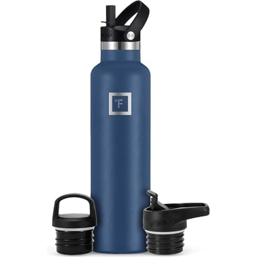 IRON °FLASK Camping & Hiking Hydration Canteens – 3 Lids (Narrow Straw Lid) Leak Proof Vacuum Insulated Stainless Steel – Hot & Cold Double Walled Sports Water Bottle – Twilight Blue, 24 Oz