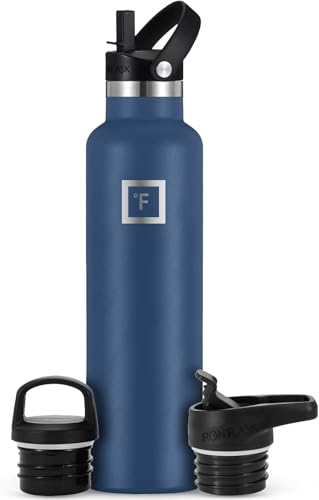 IRON °FLASK Camping & Hiking Hydration Canteens - 3 Lids (Narrow Straw Lid) Leak Proof Vacuum Insulated Stainless Steel - Hot & Cold Double Walled Sports Water Bottle - Twilight Blue, 24 Oz