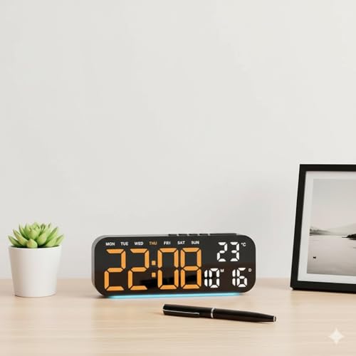 Image of Niyam Digital Table Clock with LED Display 4 Levels Brightness Dual Alarm 5 Light Sensing Mode Temperature /Date /Day /Week /12 /24H Time for Home & Office (Orange Digit, Black GH9015)