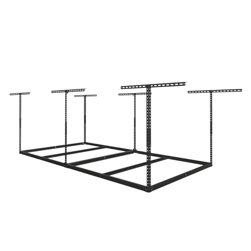 eShelf 4x8ft Overhead Garage Storage Rack Wooden Decking Not Included, Heavy Duty Metal Rack, Adjustable Ceiling Dropdown, 600lbs Weight Capacity (Black)