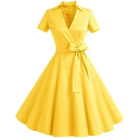 Timormode 10084 Women Vintage Dress 1950's Short Sleeves Swing Rockabilly Dress Yellow M Cover