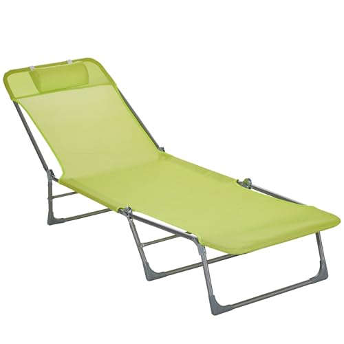 Outsunny Bain de Soleil transat Chaise Longue inclinable Pliable avec Oreiller Dossier réglable sur 5 Niveaux dim. 182L x 56l x 28H cm Vert