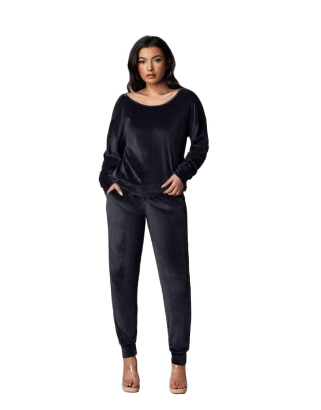 PATAKADEVI Women’s Velvet Two Piece Set Classic Black Off Shoulder Pullover Top and Tapered Jogger Pants Matching Loungewear Outfit for Comfortable Style-picture-57
