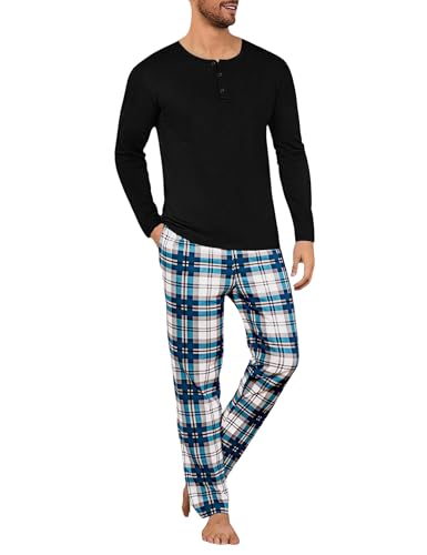Uniexcosm Pigiama da Uomo Invernale, Set Pigiama Uomo Contone Lungo Manica Lunga Top + Pantaloni Scozzesi, Uomo Pigiama 2 Pezzi con Tasca e Coulisse Regolabile per Autunno Inverno