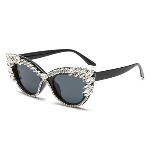 Lunettes de soleil oeil de chat diamant avec gros cristaux brillants et monture bicolore
