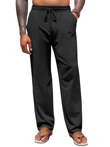 Runcati Mens Casual Pants Drawstring Elastic Waist Cotton Linen Loose Fit Summer Beach Vacation Yoga Trousers Black
