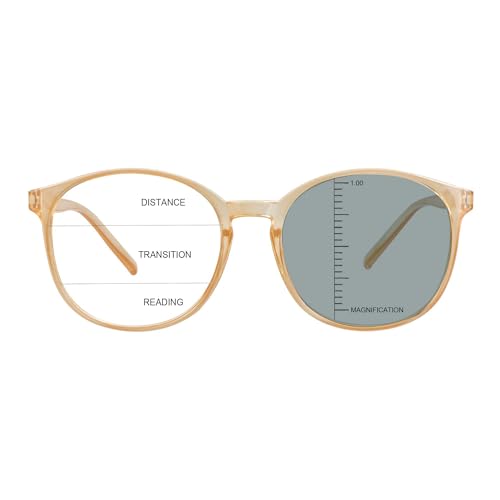 Image of Vintage Round Progressive Multifocal Presbyopic Glasses, Photochromic Gray Sunglasses for Men Women Readers (Champagne,+1.00 /+4.00 Magnification)