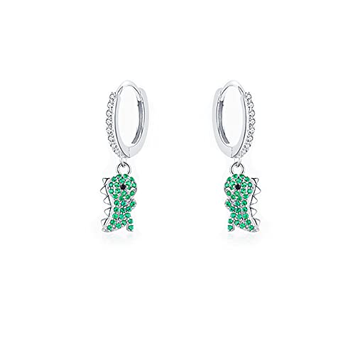 Cute Dinosaur Dangle Hoop Earrings S925 Sterling Silver Green Cubic Zirconia Crystal Lovely Animal Dangling Charm Drop Huggie Hoops Studs Earring Dainty Jewelry for Women