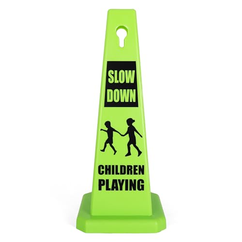 Imperial Standard Children Playing Cone - Children at Play Sign - Four-Sided Slow Down Kids Cones - Child at Play Signs - Drive Slow/Kid Alert Sign (4 Pack - Green)