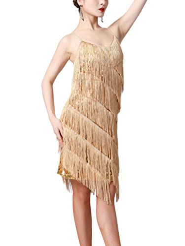 YEAHDOR Women's 1920s Flapper Dress Spaghetti Straps Sequin Fringe Latin Dance Dress Party Dancewear Gold Small