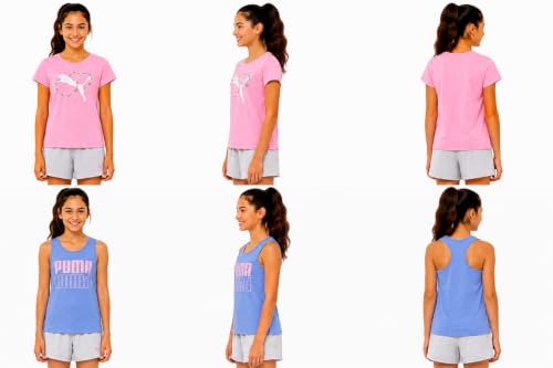 Image of PUMA Girls Active Shorts Set - 3 Piece Performance T-Shirt, Tank Top, Gym Shorts - Summer Athletic Outfit for Girls (7-14)