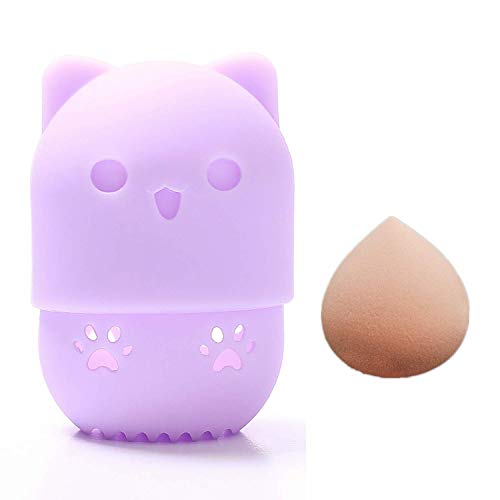 NEWSEE Silicon Makeup Egg Storage Box Powder Puff Protective Case Makeup Sponge and Cute Cat Shaped Container Set(Purple)