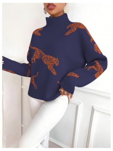 Image of WDIRARA Women's Leopard Tiger Print Sweater High Neck Long Sleeve Fuzzy Knitted Pullover Top
