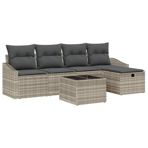 vidaXL Set de sofá Modular de jardín de 6 Piezas con Cojines Gris Claro, Muebles de Rattan sintético para Exteriores, Asientos de Patio, terraza, Trenzado, Resistente al Clima, Ideal para reuniones