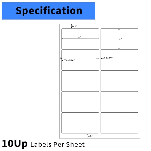 Image of 100 Sheets 2 inchx4 inch Shipping Address Labels, 10-UP Blank Mailing Labels, White Self-Adhesive Customized Stickers for Inkjet and Laser Printer
