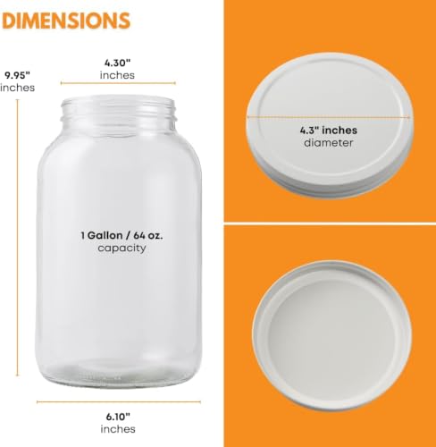 Image of FastRack 4-Pack 1 Gallon Glass Jar with 5 Airtight Metal Lids (1 Extra Bonus Lid) | Wide Mouth Jars for Fermenting, Pickling, Sourdough Starter, and Home Brewing | Heavy Duty Food Storage Canisters
