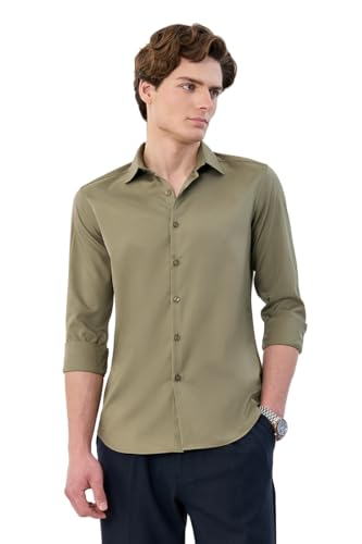 Image of SNITCH Men Formal Shirt | Tailored Slim Fit Full Sleeve Spread Collar Solid Style | Breathable Polyester Viscose Blend Twill Fabric for Office & Evening